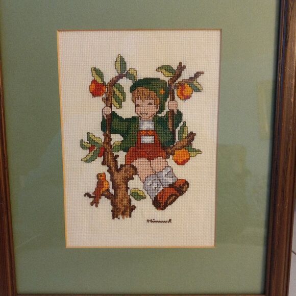 Cross Stitch Hummel Apple Tree Boy Matted and Framed under glass Cottagecore - Picture 1 of 4